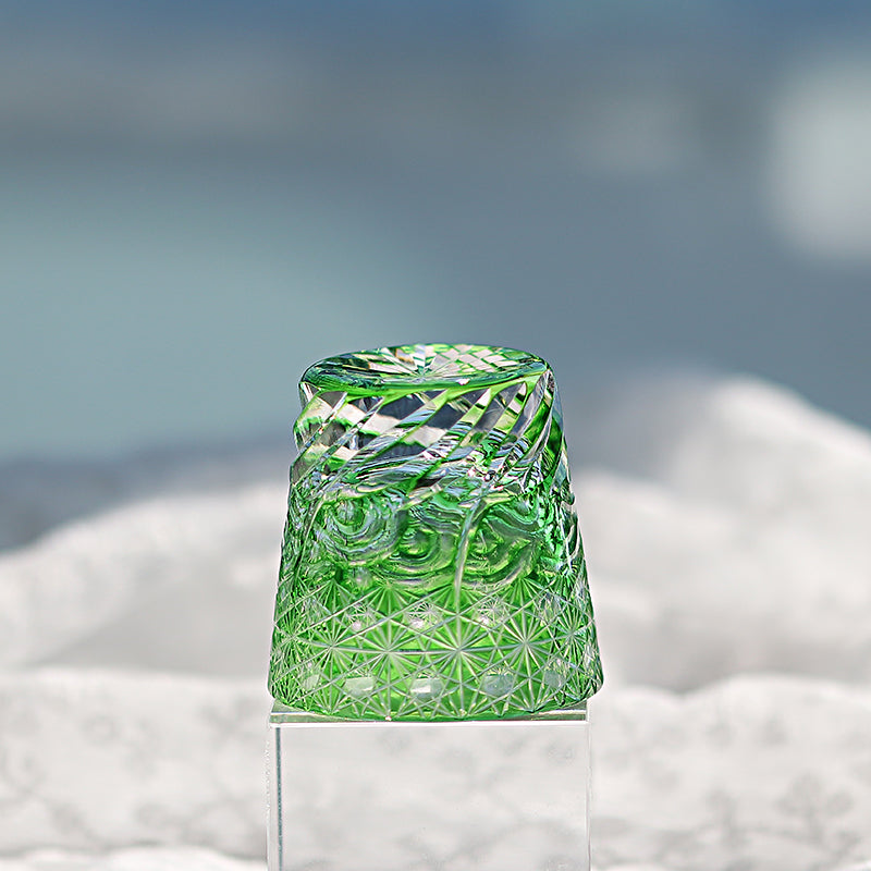 QJ-06-1  35ml Hand Cut To Clear Green soju shot glass Carved Wave Design Min Glasses for whiskey, vodka, tequila, chilled sake