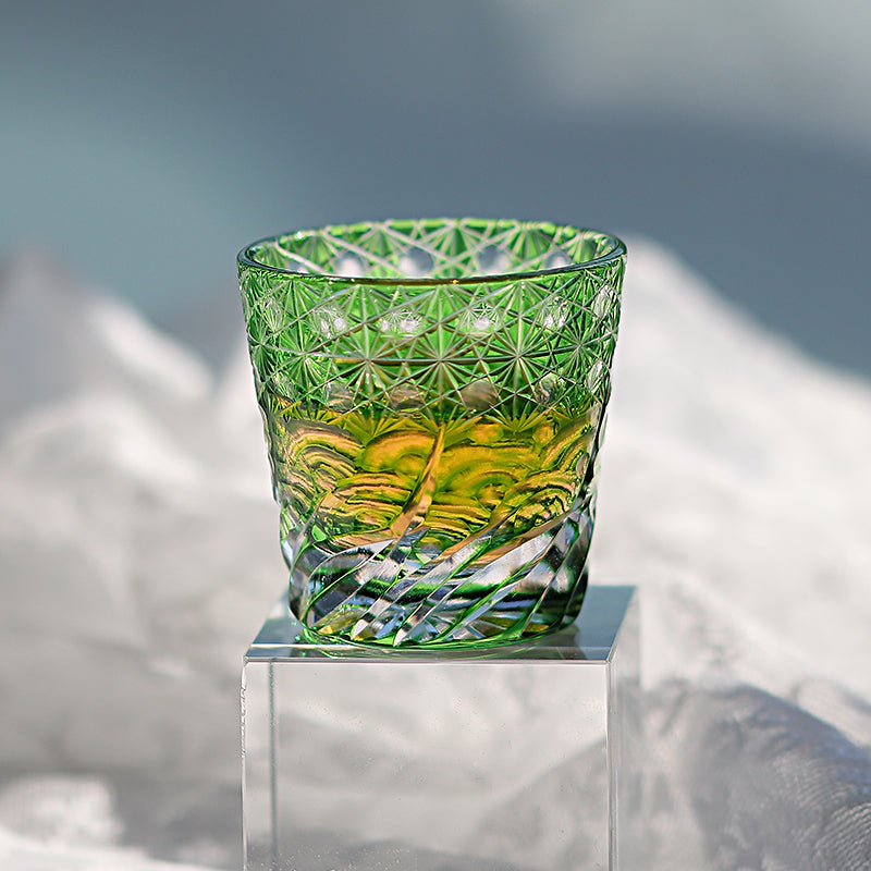 QJ-06-1  35ml Hand Cut To Clear Green soju shot glass Carved Wave Design Min Glasses for whiskey, vodka, tequila, chilled sake