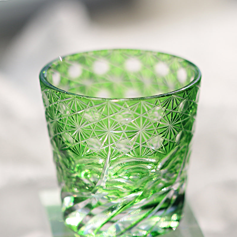 QJ-06-1  35ml Hand Cut To Clear Green soju shot glass Carved Wave Design Min Glasses for whiskey, vodka, tequila, chilled sake