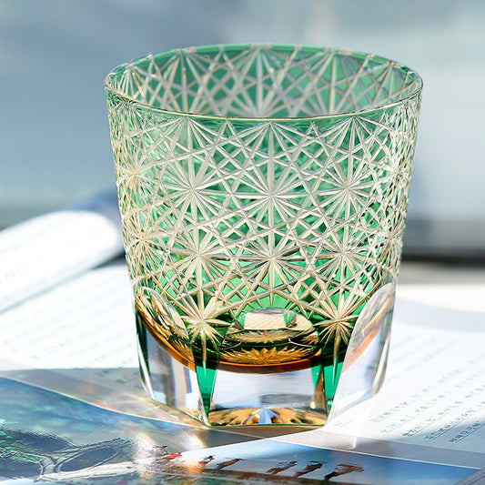 JP-048-3 320ml Green Tinted Crystal Glass Old Fashioned Whiskey Tumblers Hand Cutting Chrysanthemum Design