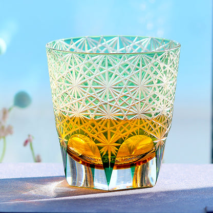 JP-048-3 320ml Green Tinted Crystal Glass Old Fashioned Whiskey Tumblers Hand Cutting Chrysanthemum Design