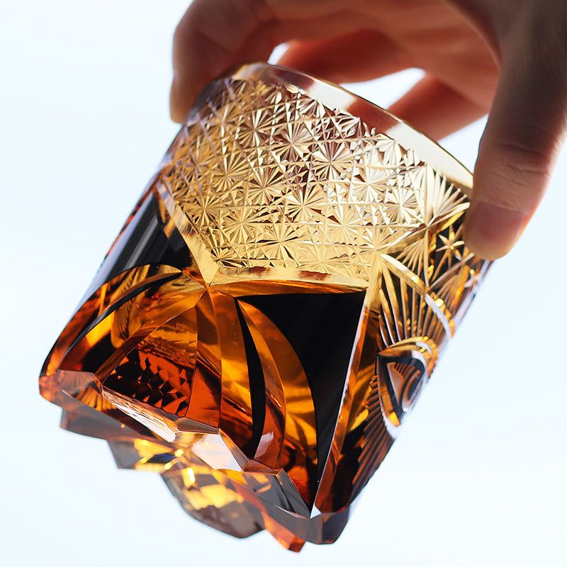 JP-014  Handcrafts Heavy Edo Kiriko's Whiskey Glass Tumbler Black Amber With Hand Engraved God's Eye Design In Gift Box