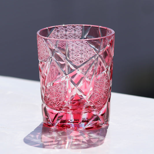 JP-042  New Handcrafts Gold Pink Cased Glass Whiskey Tumbler Edo Kiriko's Lightning Streaks Patter In Gift Box