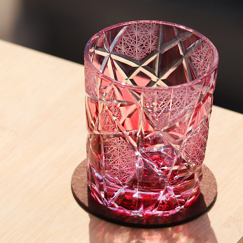JP-042  New Handcrafts Gold Pink Cased Glass Whiskey Tumbler Edo Kiriko's Lightning Streaks Patter In Gift Box