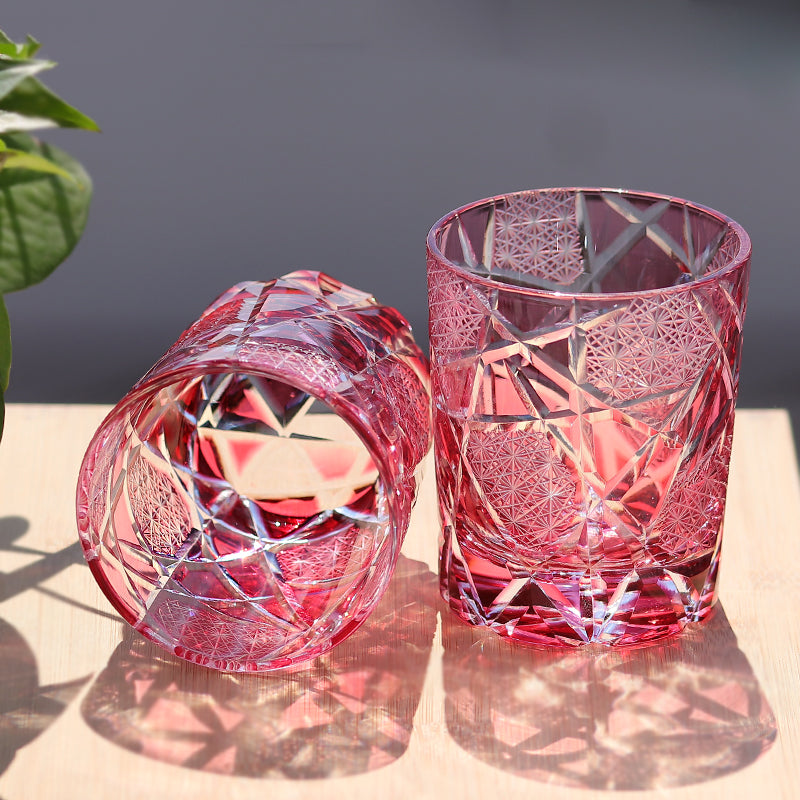 JP-042  New Handcrafts Gold Pink Cased Glass Whiskey Tumbler Edo Kiriko's Lightning Streaks Patter In Gift Box