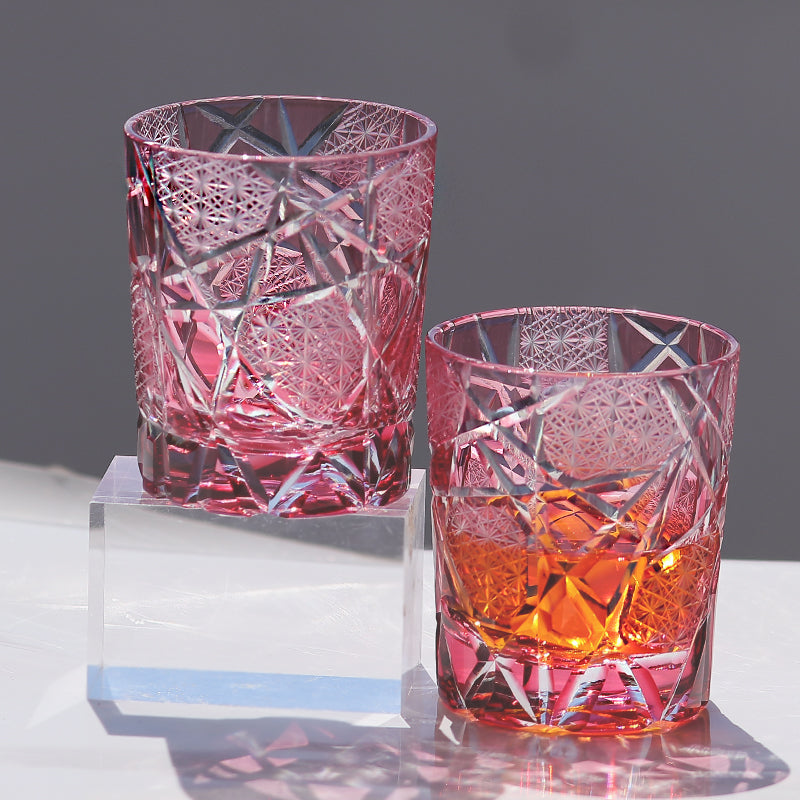JP-042  New Handcrafts Gold Pink Cased Glass Whiskey Tumbler Edo Kiriko's Lightning Streaks Patter In Gift Box