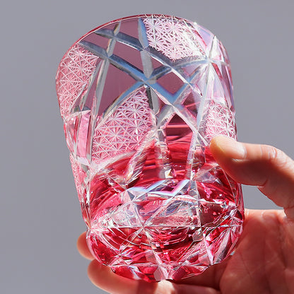 JP-042  New Handcrafts Gold Pink Cased Glass Whiskey Tumbler Edo Kiriko's Lightning Streaks Patter In Gift Box