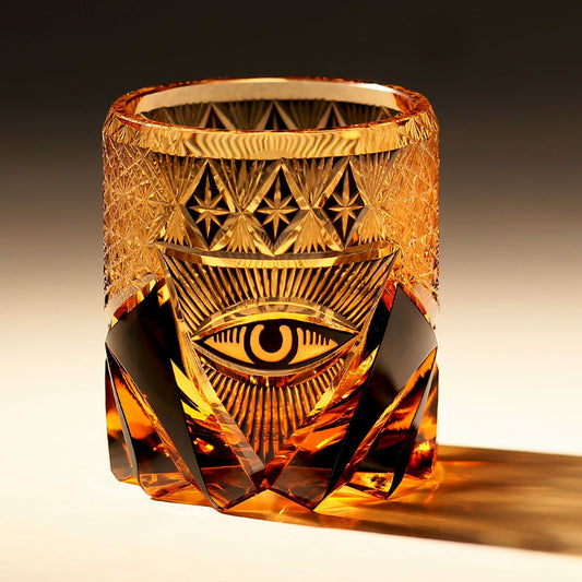JP-014  Handcrafts Heavy Edo Kiriko's Whiskey Glass Tumbler Black Amber With Hand Engraved God's Eye Design In Gift Box