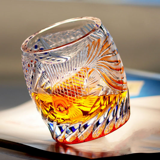 JP-075 Hand Carved Gold Fishing Rocks Cocktail Whiskey Glasses Japanese Edo Kiriko Style Whiskey Glass Tumblers Blue Red