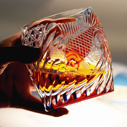 JP-075 Hand Carved Gold Fishing Rocks Cocktail Whiskey Glasses Japanese Edo Kiriko Style Whiskey Glass Tumblers Blue Red