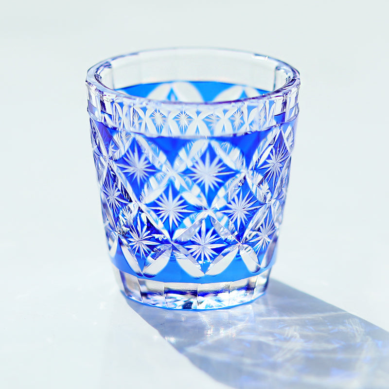 QJ-08  Hand cut to clear dark blue 35ml edo kiriko shot glass sake glass 1 oz min soju glasses vodka, tequila