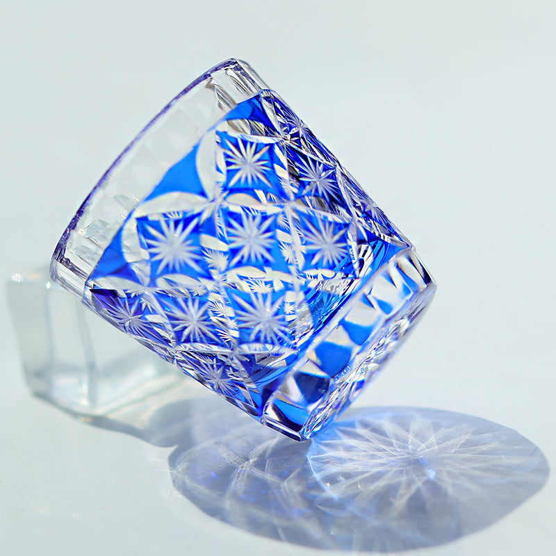 QJ-08  Hand cut to clear dark blue 35ml edo kiriko shot glass sake glass 1 oz min soju glasses vodka, tequila