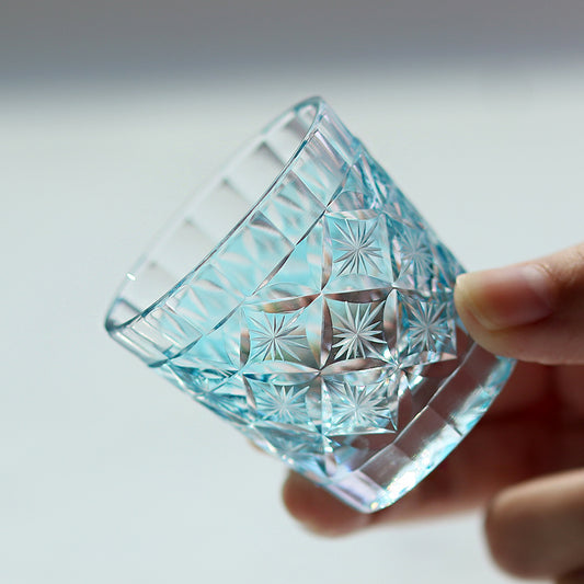 QJ-08  Hand cut to clear sky blue 35ml edo kiriko shot glass sake glass 1 oz min soju glasses vodka, tequila