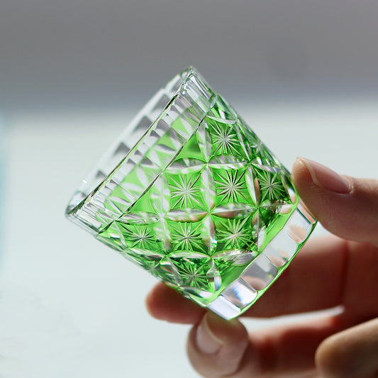 QJ-08  Hand cut to clear green 35ml edo kiriko shot glass sake glass 1 oz min soju glasses vodka, tequila