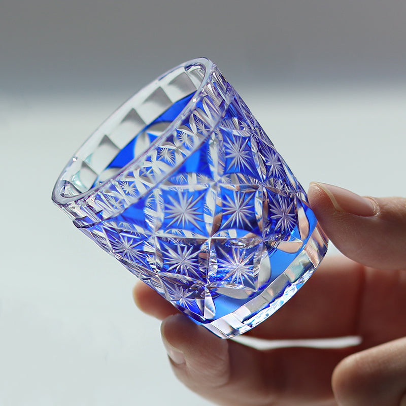 QJ-08  Hand cut to clear dark blue 35ml edo kiriko shot glass sake glass 1 oz min soju glasses vodka, tequila