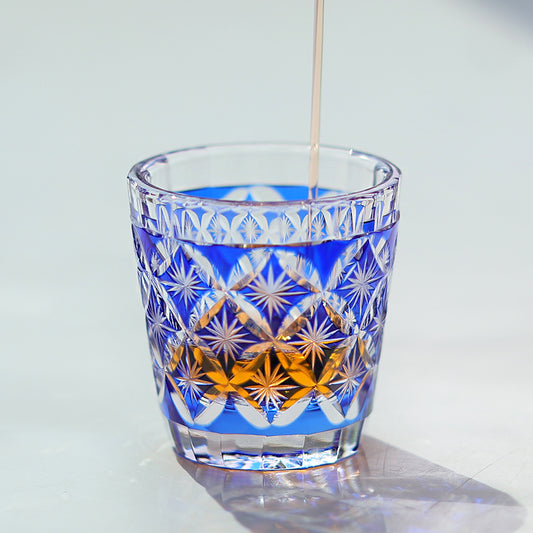 QJ-08  Hand cut to clear dark blue 35ml edo kiriko shot glass sake glass 1 oz min soju glasses vodka, tequila