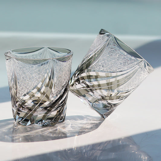 JP-139-2  11 oz Hand Cut and Grey Colored Whiskey Glass Tumbler Edo Kiriko Old Fashioned Glasses Gift Box