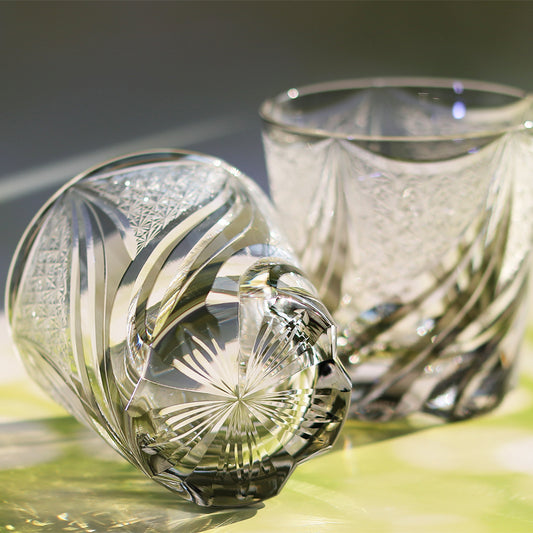 JP-139-2  11 oz Hand Cut and Grey Colored Whiskey Glass Tumbler Edo Kiriko Old Fashioned Glasses Gift Box