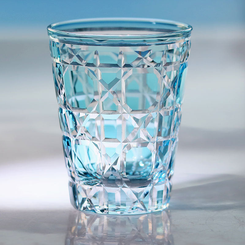 JP-045 Sky Blue Crystal Glass Water Tumbler Cocktail Whiskey Glass With Hand-engraved Cannage Design