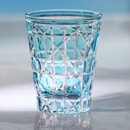 JP-045 Sky Blue Crystal Glass Water Tumbler Cocktail Whiskey Glass With Hand-engraved Cannage Design