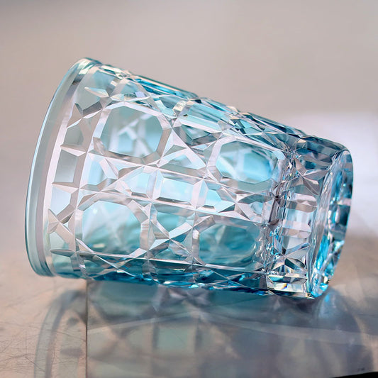 JP-045 Sky Blue Crystal Glass Water Tumbler Cocktail Whiskey Glass With Hand-engraved Cannage Design