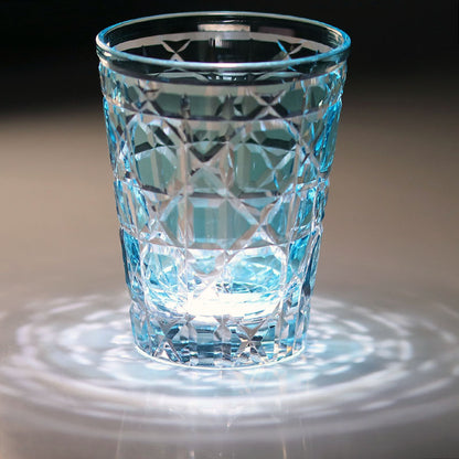 JP-045 Sky Blue Crystal Glass Water Tumbler Cocktail Whiskey Glass With Hand-engraved Cannage Design