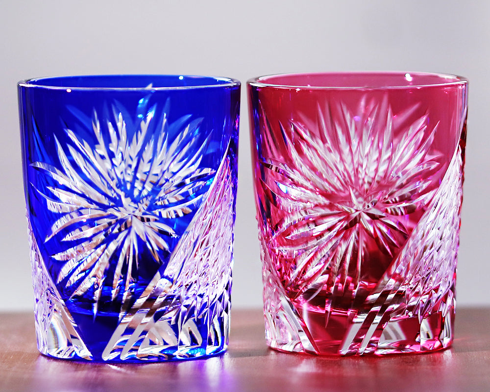 JP-124 Handmade Japanese Style Whiskey Glasses Blue Edo Kiriko Edo Chrysanthemum Pattern