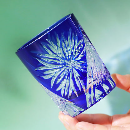 JP-124 Handmade Japanese Style Whiskey Glasses Blue Edo Kiriko Edo Chrysanthemum Pattern