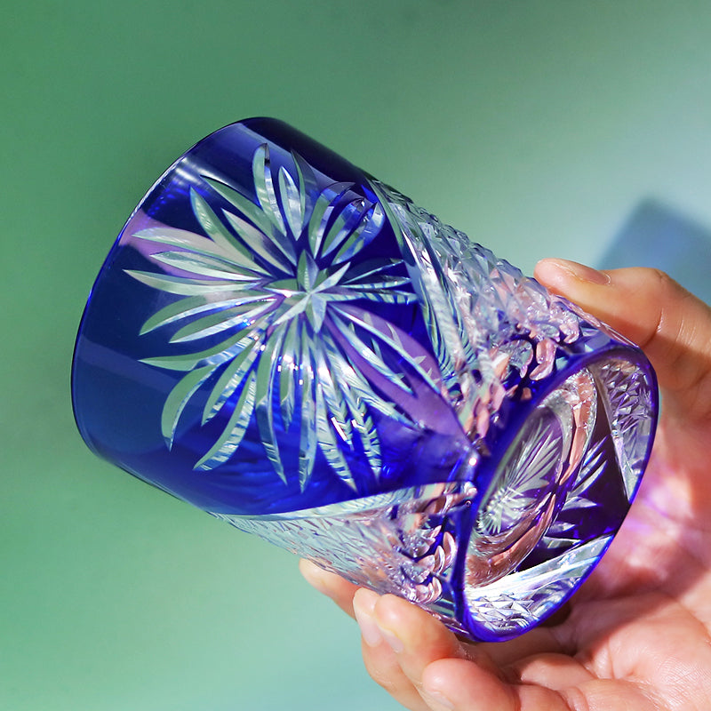 JP-124 Handmade Japanese Style Whiskey Glasses Blue Edo Kiriko Edo Chrysanthemum Pattern