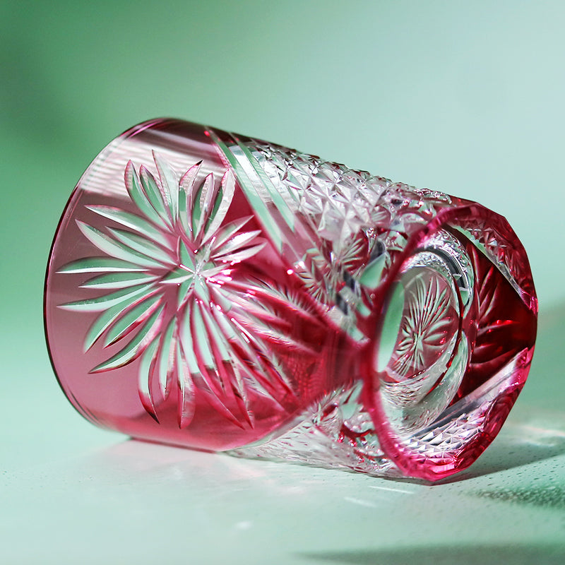 Handcrafts Whiskey Glass Gold Pink Chrysanthemum Pattern