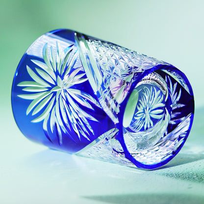 JP-124 Handmade Japanese Style Whiskey Glasses Blue Edo Kiriko Edo Chrysanthemum Pattern