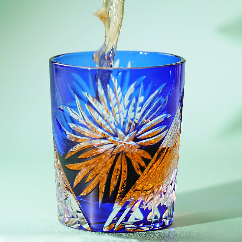 JP-124 Handmade Japanese Style Whiskey Glasses Blue Edo Kiriko Edo Chrysanthemum Pattern