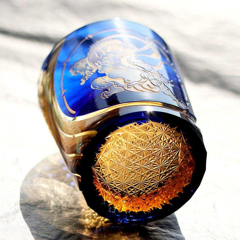 JP-157 250 ml Japanese Style Edo Kiriko Handcrafted Raijin Whisky Glass Tumbler Blue Amber In Gift Box