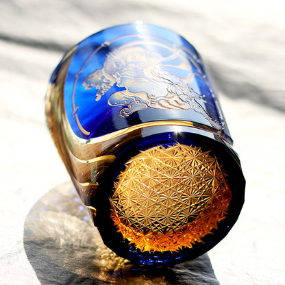 JP-157 250 ml Japanese Style Edo Kiriko Handcrafted Raijin Whisky Glass Tumbler Blue Amber In Gift Box