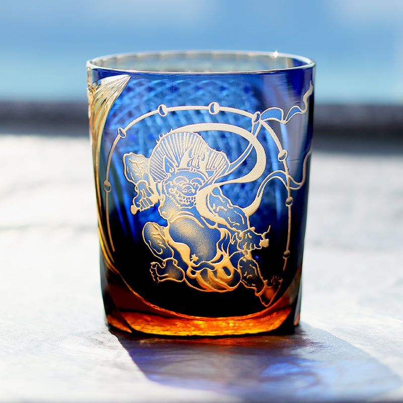 JP-157 250 ml Japanese Style Edo Kiriko Handcrafted Raijin Whisky Glass Tumbler Blue Amber In Gift Box