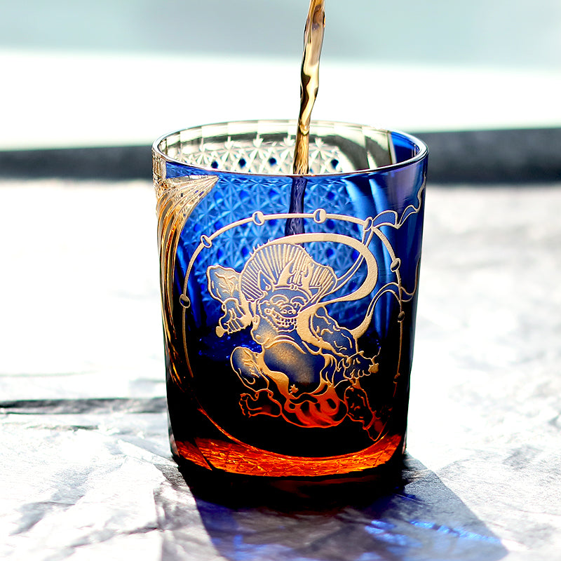 JP-157 250 ml Japanese Style Edo Kiriko Handcrafted Raijin Whisky Glass Tumbler Blue Amber In Gift Box