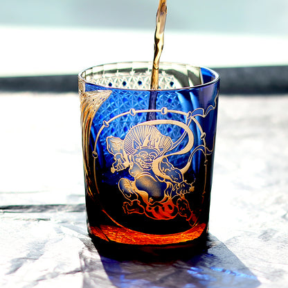 JP-157 250 ml Japanese Style Edo Kiriko Handcrafted Raijin Whisky Glass Tumbler Blue Amber In Gift Box