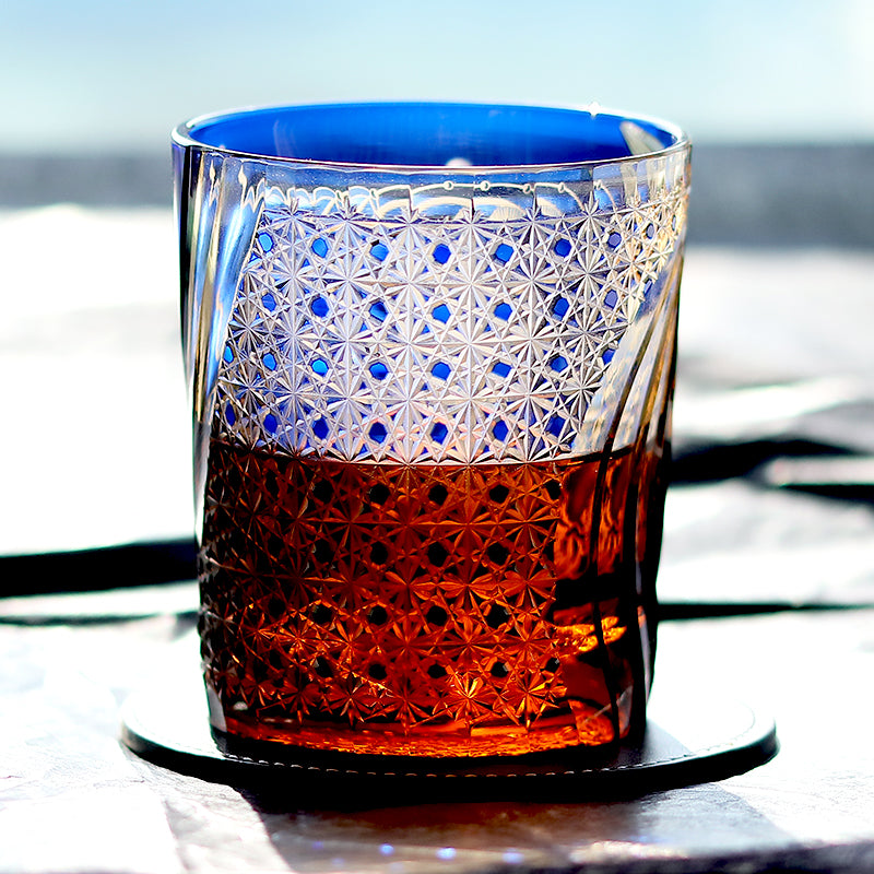 JP-157 250 ml Japanese Style Edo Kiriko Handcrafted Raijin Whisky Glass Tumbler Blue Amber In Gift Box