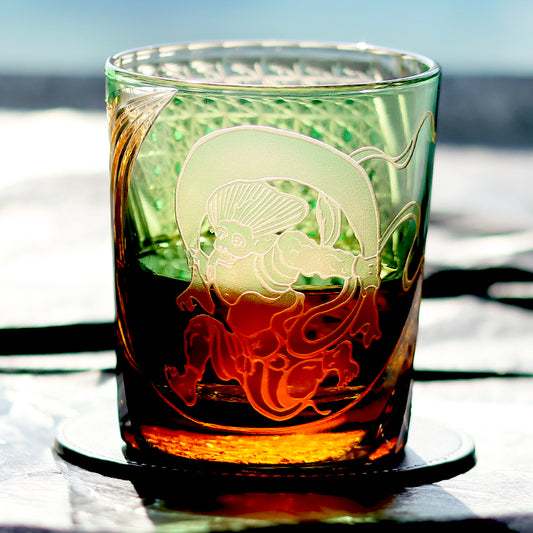 JP-157 250 ml Japanese Style Edo Kiriko Handcrafted Fujin Whisky Glass Tumbler Green Amber In Gift Box