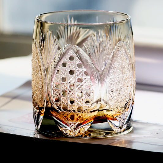 JP-066  360ml Handcrafts Japanese Style Ice Trees Whiskey Glasses Grey Edo Kiriko's Bamboo Leaves Chrysanthemum Mesh and Octagonal Basket Weave