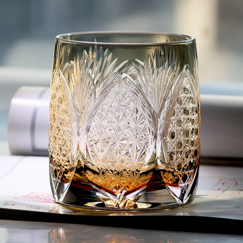 JP-066  310ml Handcrafts Japanese Style Ice Trees Whiskey Glasses Grey Edo Kiriko's Bamboo Leaves Chrysanthemum Mesh and Octagonal Basket Weave