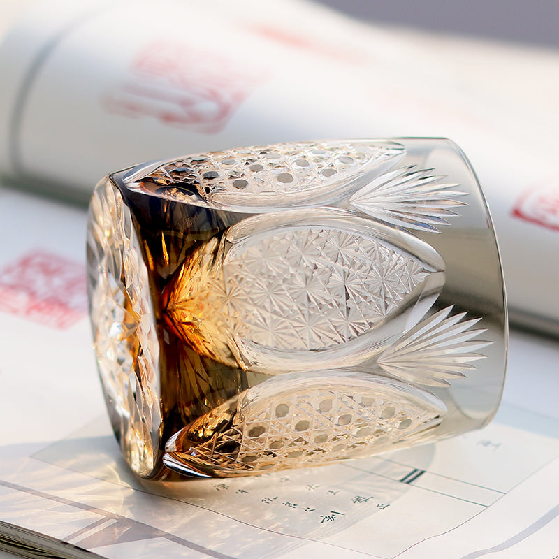 JP-066  310ml Handcrafts Japanese Style Ice Trees Whiskey Glasses Grey Edo Kiriko's Bamboo Leaves Chrysanthemum Mesh and Octagonal Basket Weave