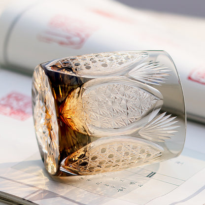 JP-066  310ml Handcrafts Japanese Style Ice Trees Whiskey Glasses Grey Edo Kiriko's Bamboo Leaves Chrysanthemum Mesh and Octagonal Basket Weave