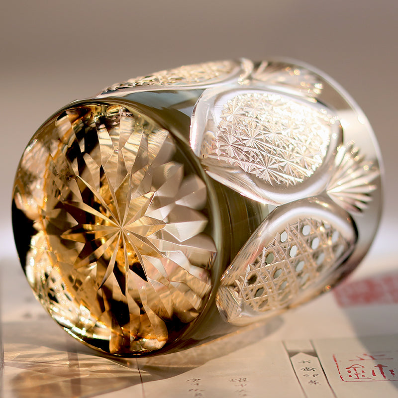 JP-066  310ml Handcrafts Japanese Style Ice Trees Whiskey Glasses Grey Edo Kiriko's Bamboo Leaves Chrysanthemum Mesh and Octagonal Basket Weave