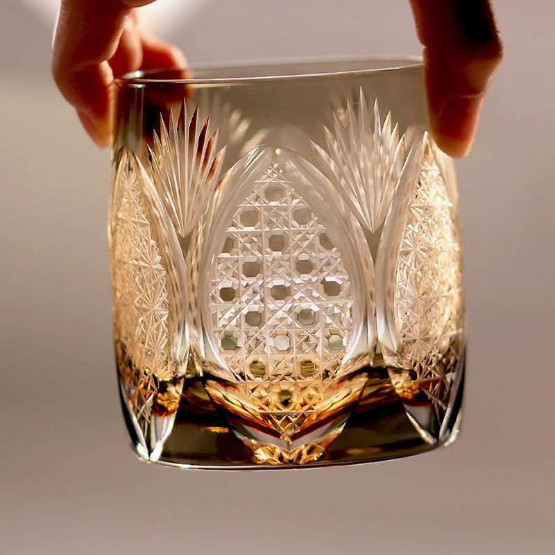JP-066  310ml Handcrafts Japanese Style Ice Trees Whiskey Glasses Grey Edo Kiriko's Bamboo Leaves Chrysanthemum Mesh and Octagonal Basket Weave