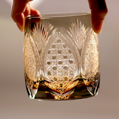 JP-066  310ml Handcrafts Japanese Style Ice Trees Whiskey Glasses Grey Edo Kiriko's Bamboo Leaves Chrysanthemum Mesh and Octagonal Basket Weave