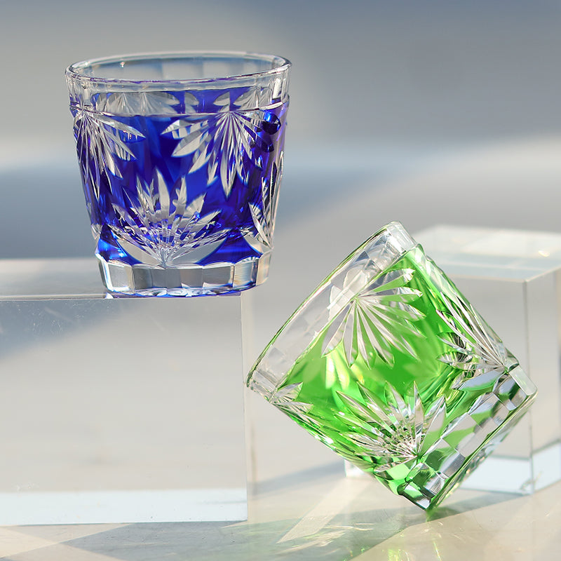 QJ-06-2  35ml Hand Cut Bamboo Design Sake Glass Green Edo Kiriko soju shot glass for whiskey, vodka, tequila, chilled sake