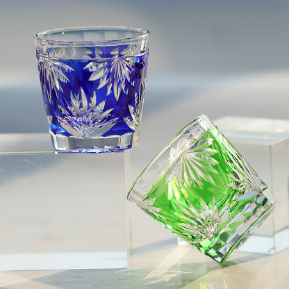 QJ-06-3  35ml Japanese Style Hand Cut Sake Glass Blue Edo Kiriko soju shot glass Bamboo for whiskey, vodka, tequila, chilled sake
