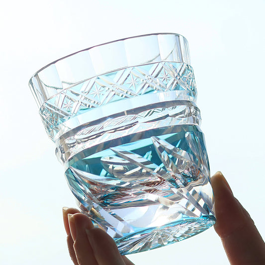 JP-018 200ml Handcrafted Japanese Style Cocktail Whisky Glasses Sky Blue With Edo Kiriko‘s DANCE OF WIND Design In Gift Box