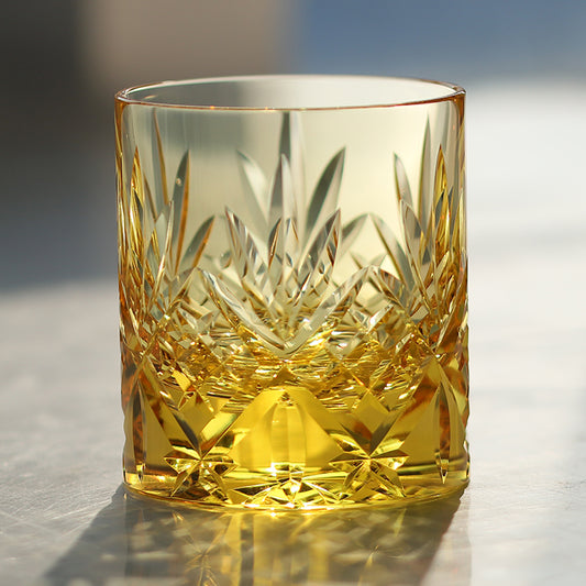 JP-128 Handcrafts Gold Yellow K9 Crystal Glass Whiskey Tumbler Heavy and Thick Bottom With Edo Kiriko's Bamboo Leaves Design In Gift Box